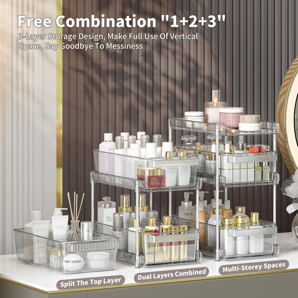 Clear Bathroom Organizers 2 Sets 3 Tier, Pull Out 2 PACK, Transparennt