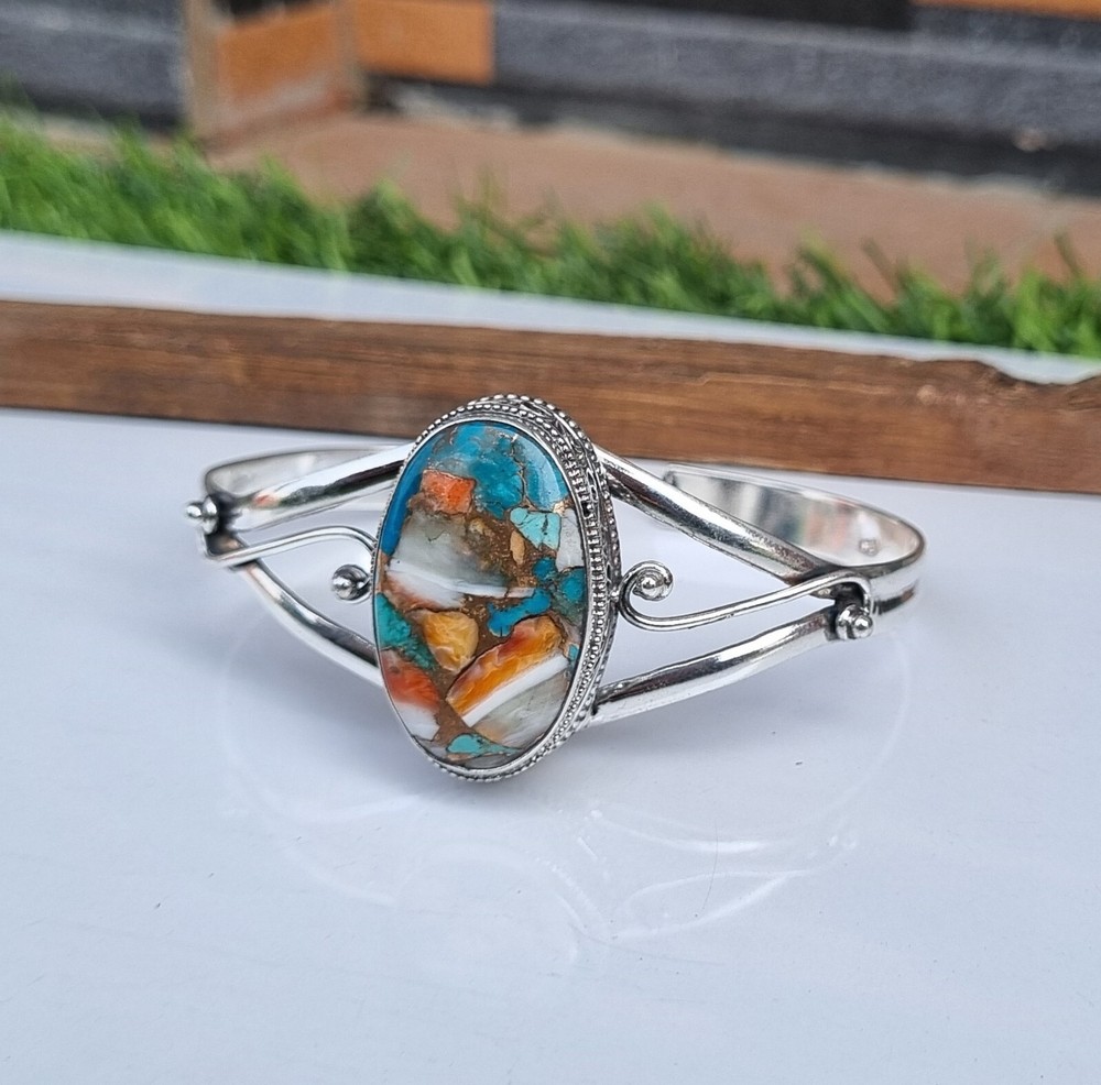 Oyster Copper Turquoise Gemstone 925 Sterling Silver Adjustable Bangle PG1007