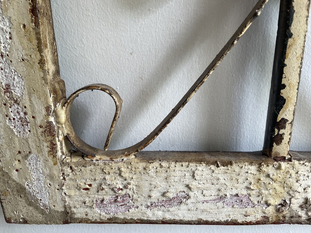Antique Wood Church Window Frame Iron Scrollwork