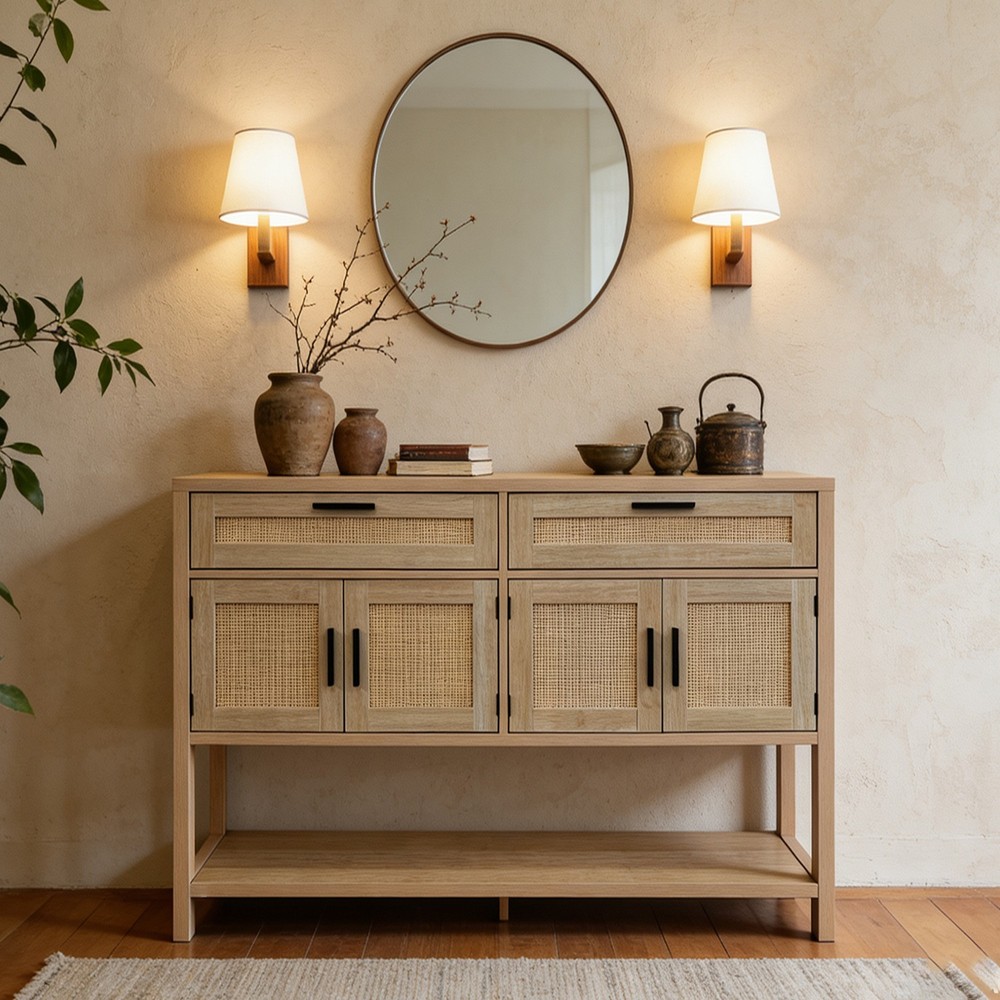 Entrance Storage Table, Sofa Table With Rattan Cabinet Doors, Ample Storage Spac