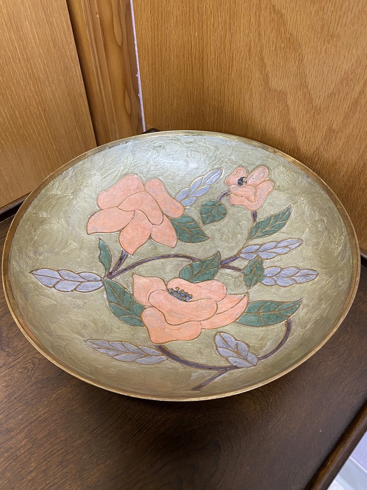 Brass Enamel Bowl Cloisonné Type ~ Floral Design 9 1/2”