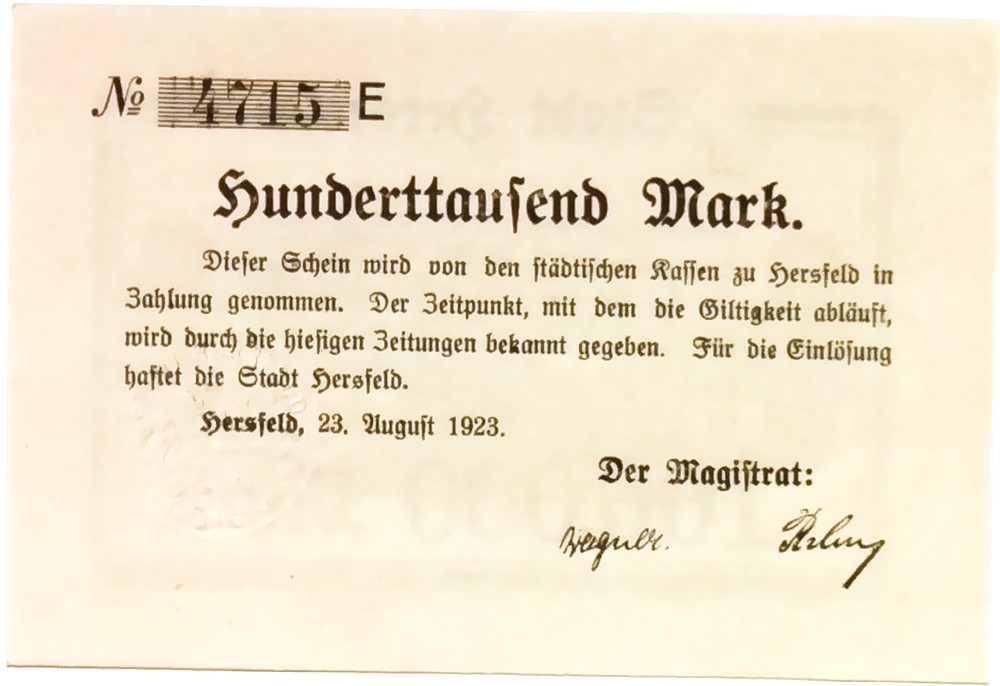 1923 Germany HERSFELD 100.000 Mark Banknote
