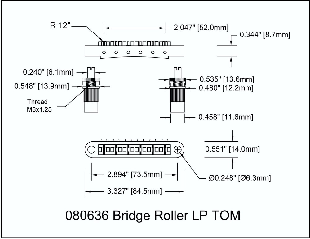 Guitar Bridge Roller Post Style 6 String Black 52mm spread Bitterroot 080636BK