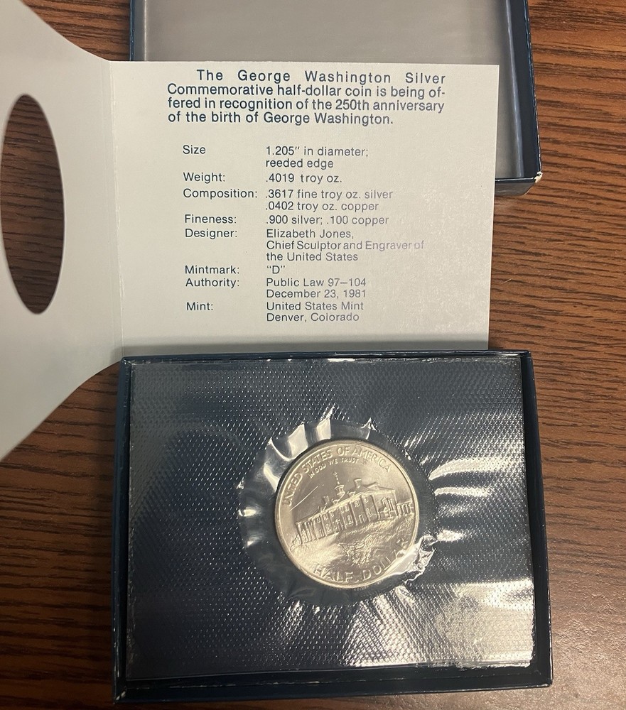 1982 50c Unc Blue Box George Washington Birth Commemorative 250th Commem Half