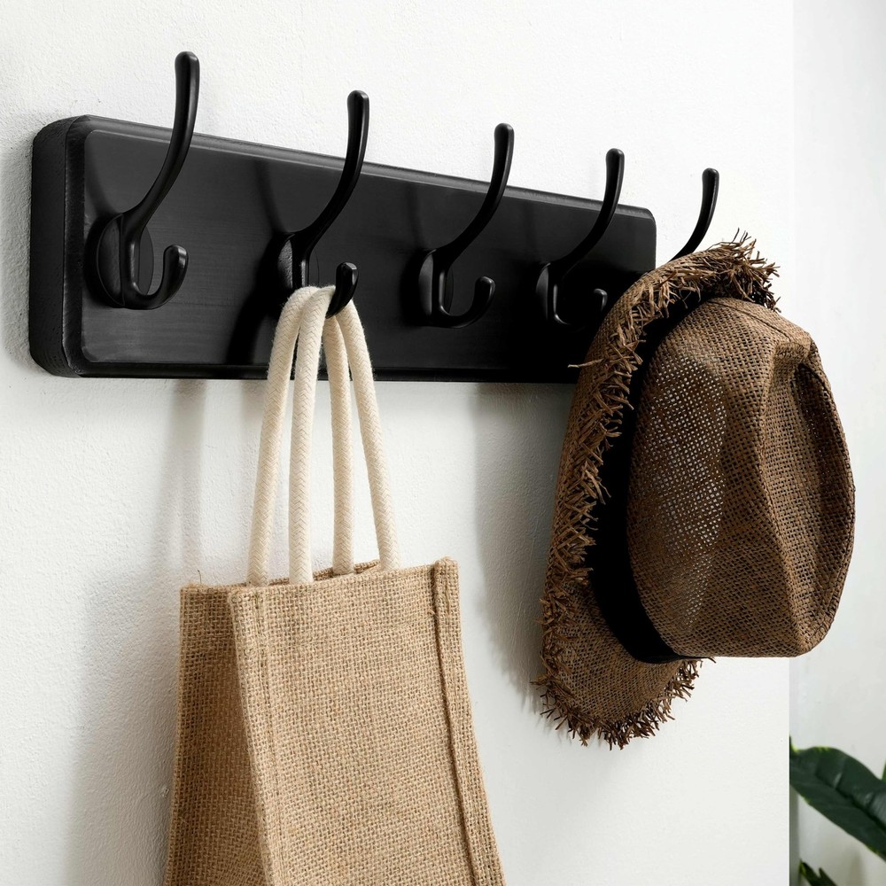 Rustic Wall Mounted Coat Rack Pine Solid Wood Coat Hook Hanger with 5 Hooks