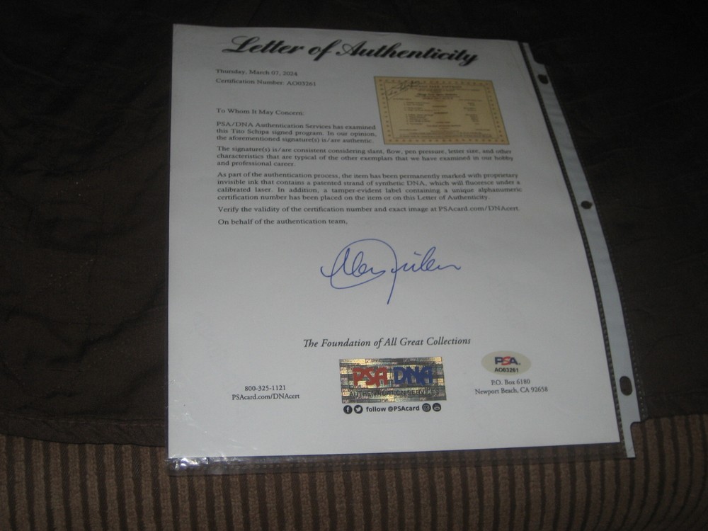 TITO SCHIPA SIGNED PROGRAM GRANT PARK 1937 PSA/DNA