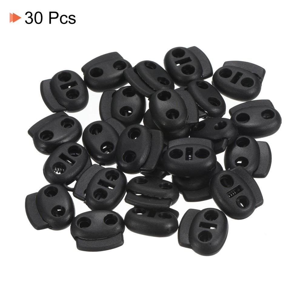 0.7x0.8" Cord Locks, 30 Pack Double Hole Spring End Toggle Stopper, Black
