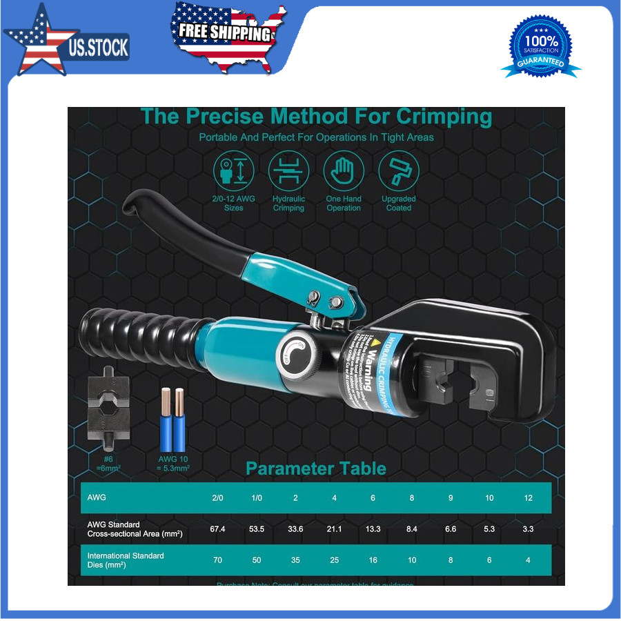 Hydraulic Crimping Tool for 12-2/0AWG Wire, Battery Cable, Cable Railing, Cable