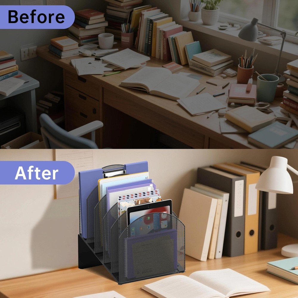 5-Section Desk File Organizer, Vertical File Organizer for Desk, Mesh Mail Ho...