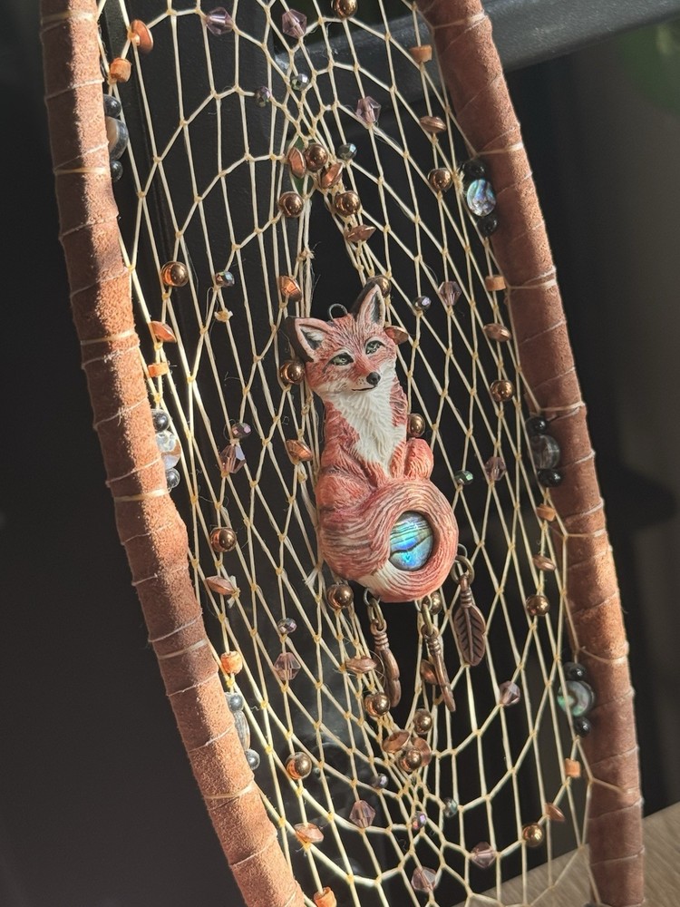 Handmade Fox Dreamcatcher Wall Hanging Abalone Copper Beads Boho Decor