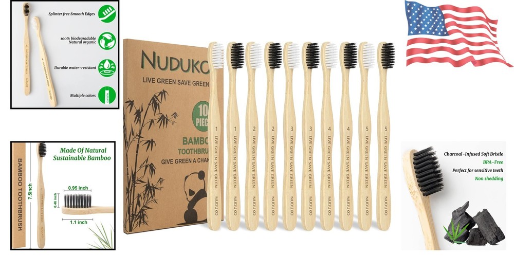 10 Pack Bamboo Toothbrushes - Soft Charcoal Bristles, Eco-Friendly & Biodegra...