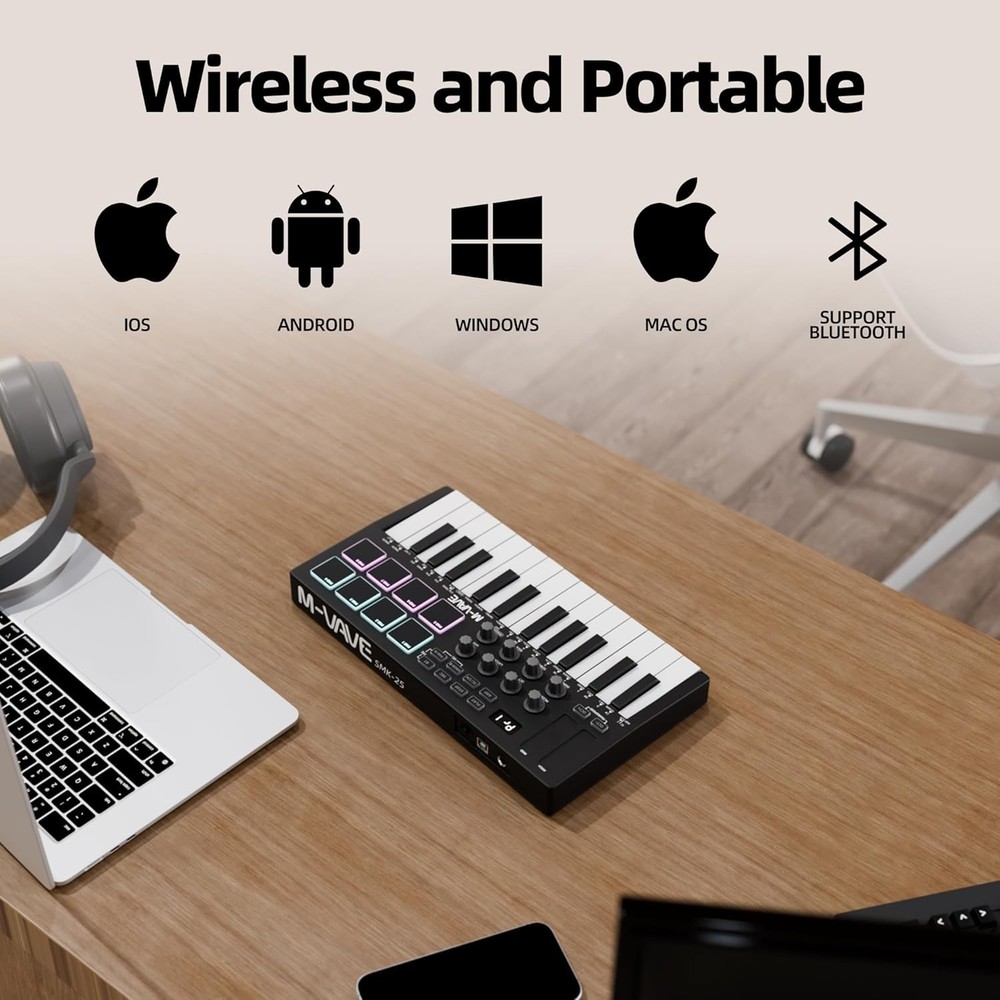DaierTek Midi Keyboard Controller 25 Key Portable Mini Bluetooth and USB Midi