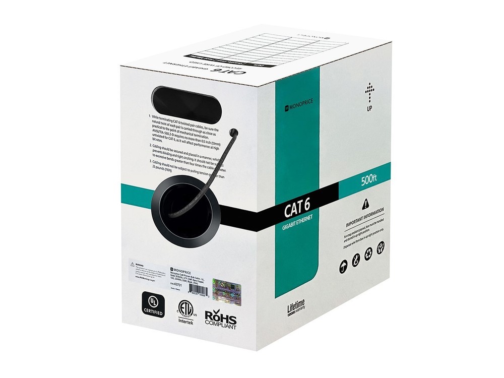 Monoprice Cat6 Plenum Bulk Cable 500ft Black For Networking LAN Modems Routers