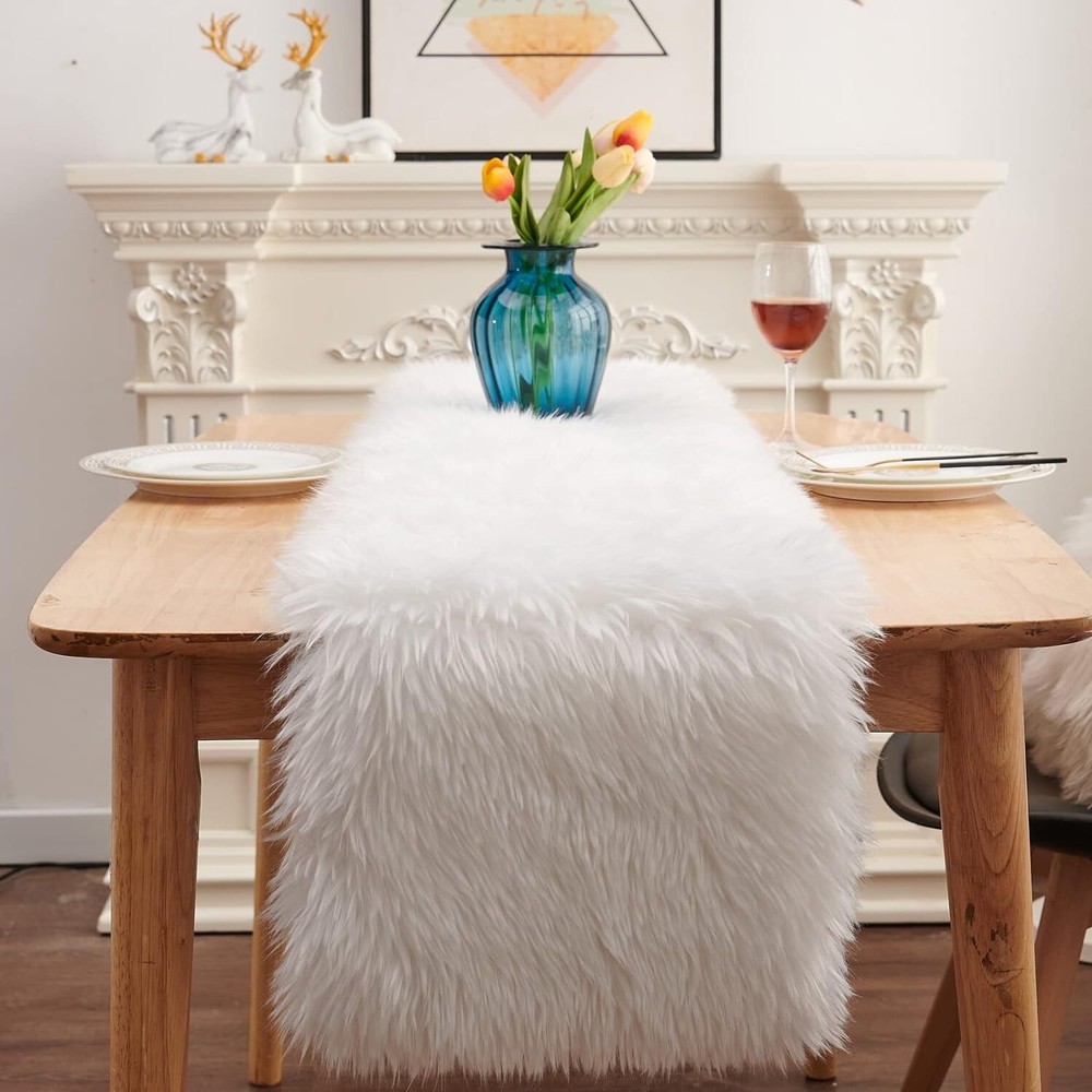 Faux Fur Table Runner White 11.8x59inch for