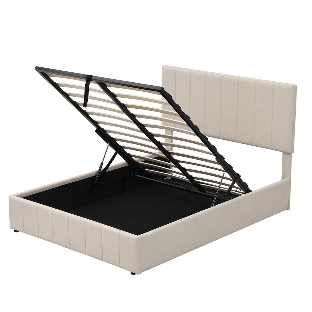 Full Size Upholstered Platform Bed Frame w/ Hydraulic Storage System Beige