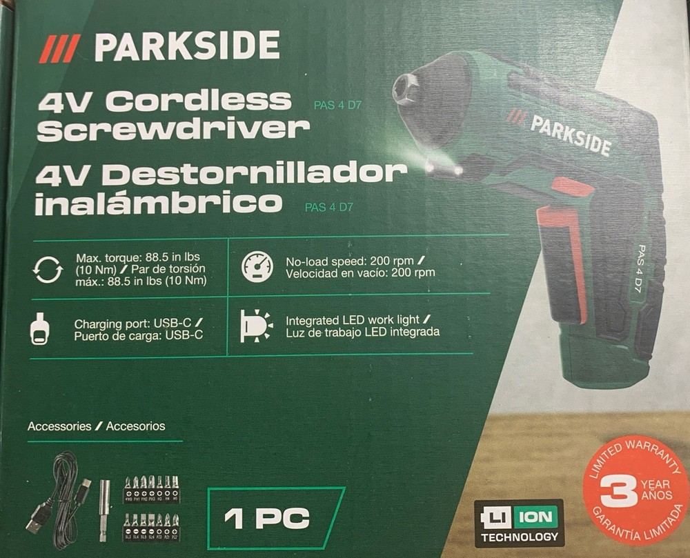 Parkside - Powerful 4v Cordless Screwdriver. Integrated LED Work Light. USB-C