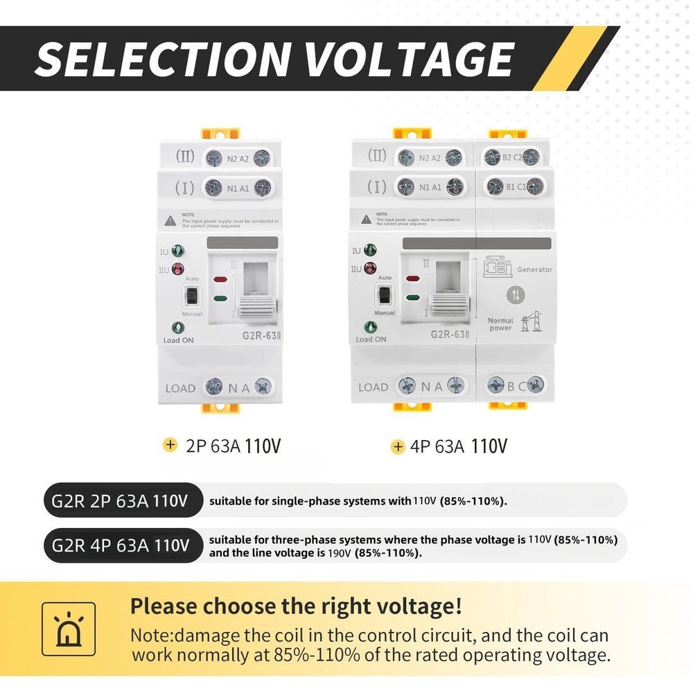 Mini ATS AC Automatic/Manual Transfer Switch 2P 63A 110V, Manual...