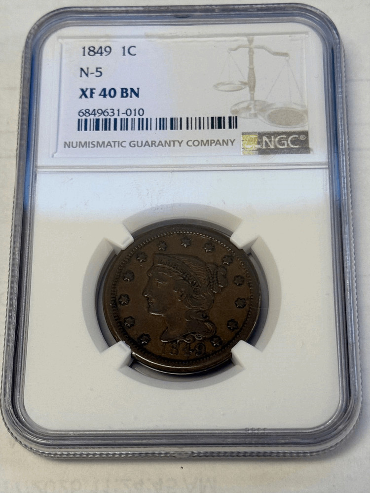 1849 1c Large Cent NGC XF 40