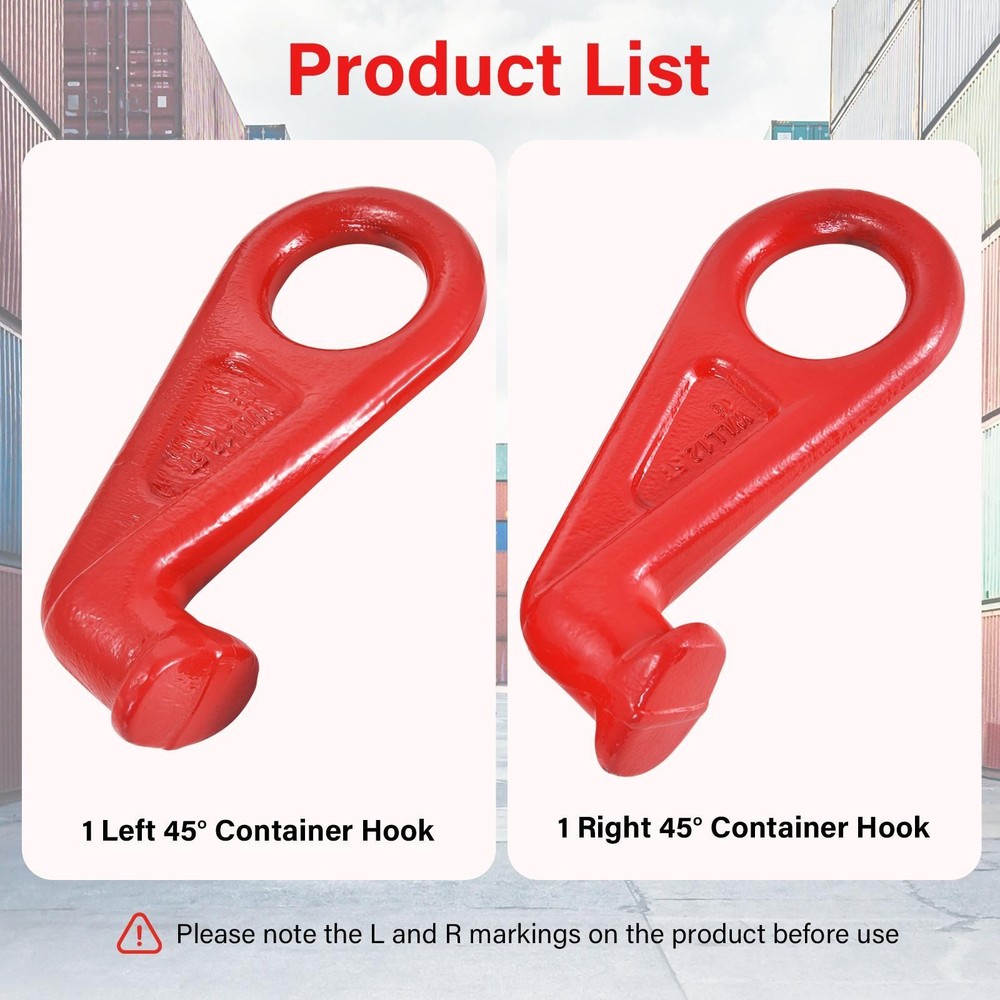 Shipping Container Lifting Hooks, 12.5T Working Load Limit, Left & Right 45°