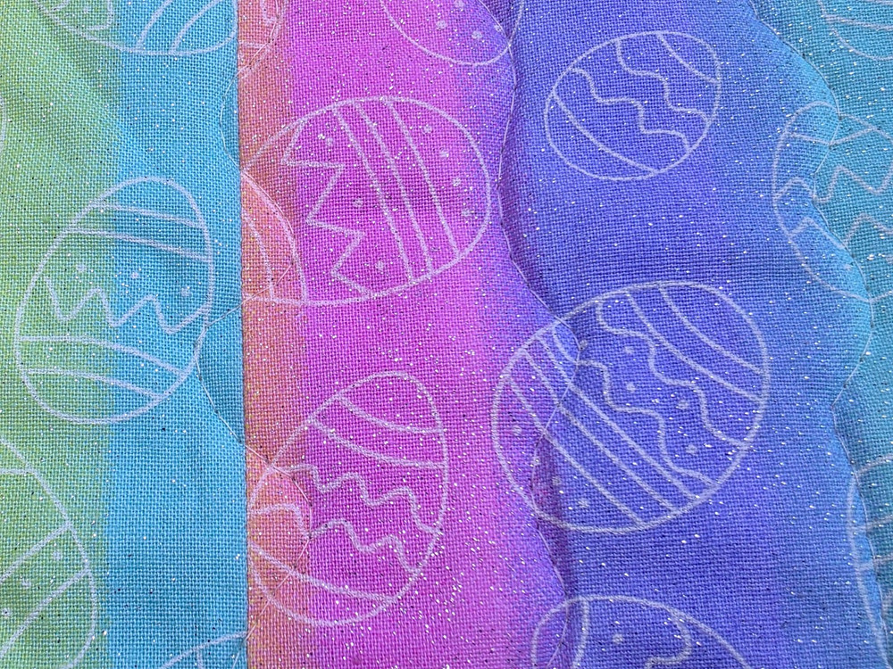 Handmade Quilted Table topper spring Easter eggs RAINBOW glittered octagon rev.