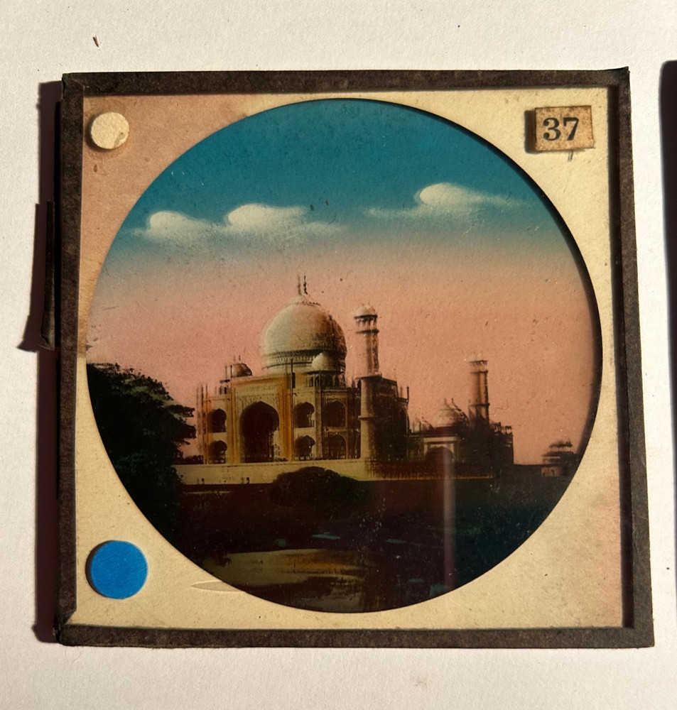 9 magic lantern colour slides - scenic and buildings
