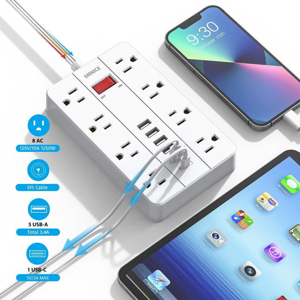 SMNICE Power Strip with USB,Surge Protector Flat Plug 8 5FT, White