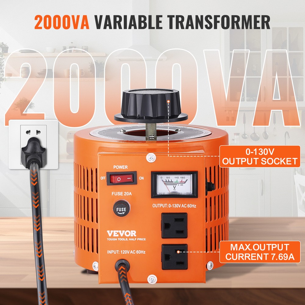 VEVOR 2000VA Variable Voltage Transformer 15.3A 0-130V AC Voltage Regulator