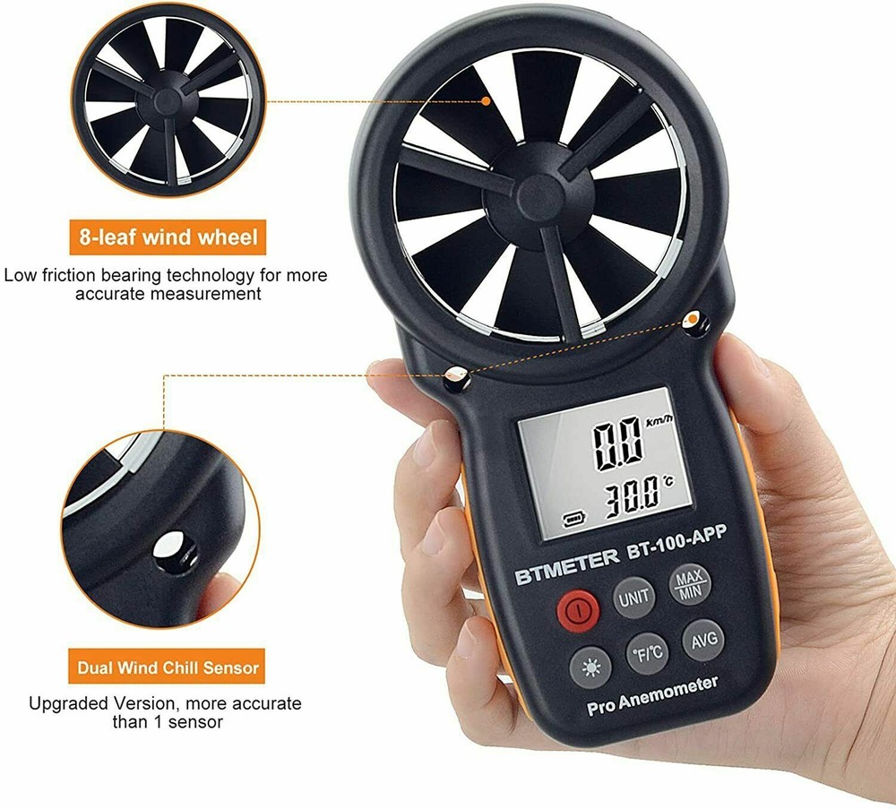 Anemometer Digital Wind Speed Meter Temp Gauge 5860ft/min Data Record with Case