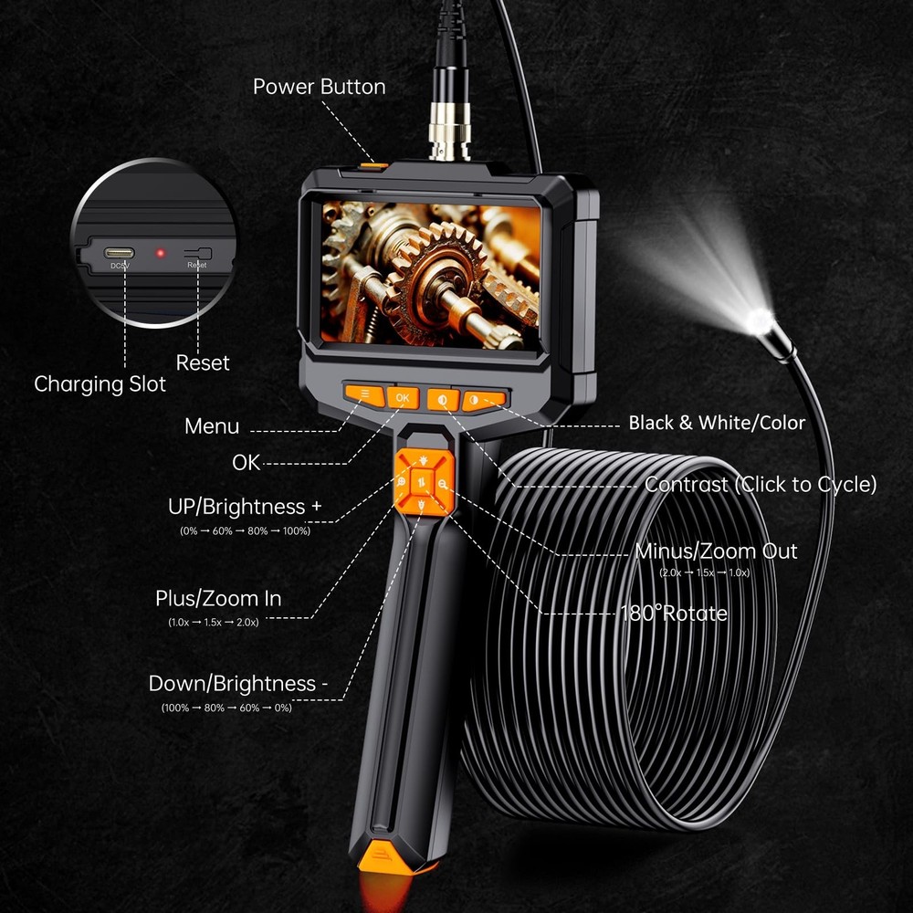 Borescope Camera with Light, 4.3" IPS 1080P HD Handheld Endoscope, 8 Adjustab...