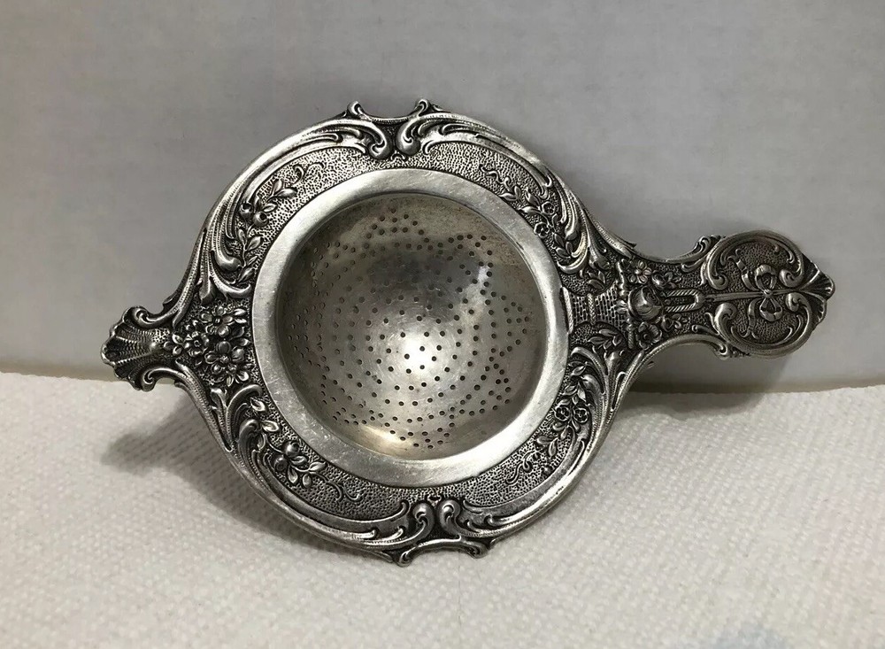 Ornate German 800 Silver Tea Strainer Floral Design With Hand Workmanship
