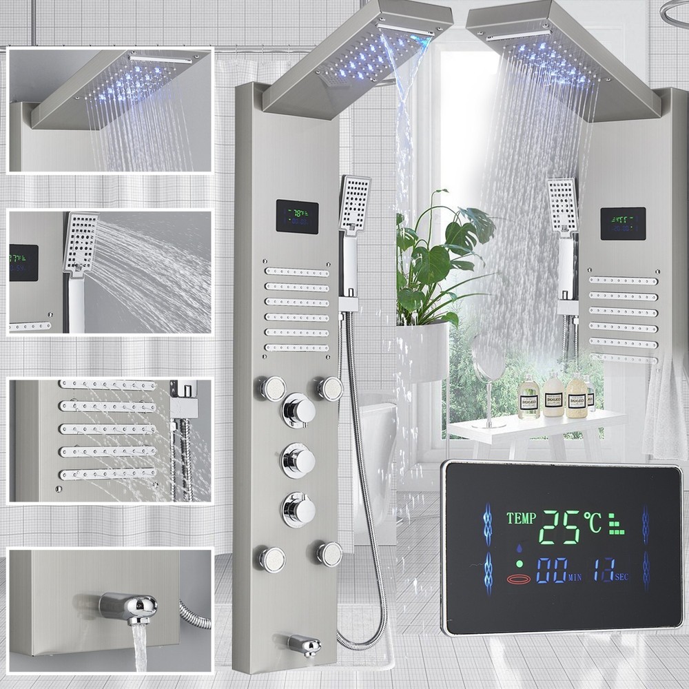 ELLO&ALLO Led Rainfall&Waterfall Head Shower Panel Tower Massage Body System Jet