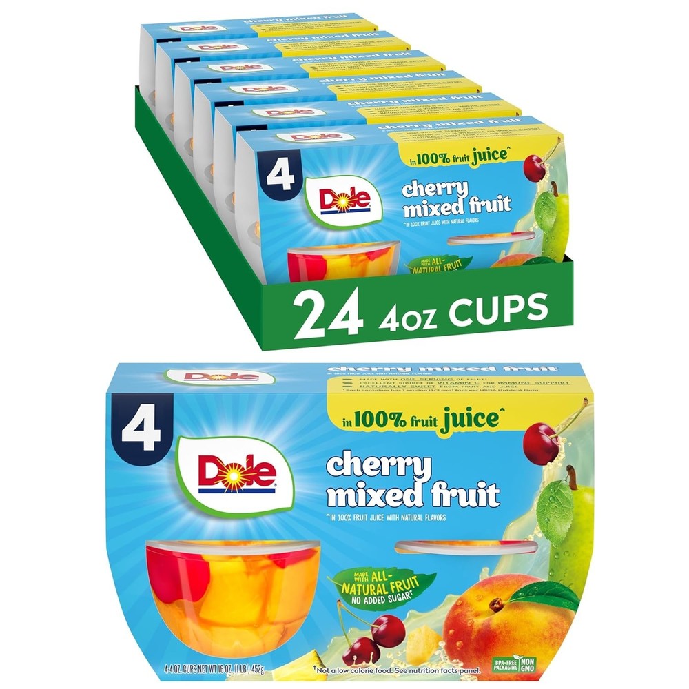 Convenient 100% Juice Cherry Mixed Fruit Cups, 4oz - 24 Count, Healthy Snacking