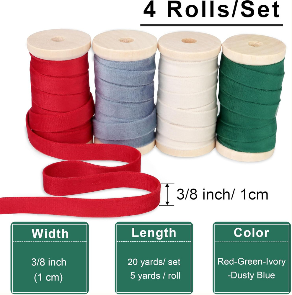 Velvet Ribbon Set - 3/8" X 20Yd, 4 Rolls in 4 Colors, Double Faced on Wooden Spo