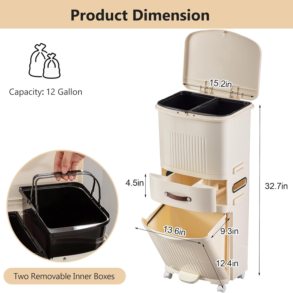 12 Gal Kitchen Trash Can with Lid, Large-Capacity Double-Layer Sorting Trash Bin