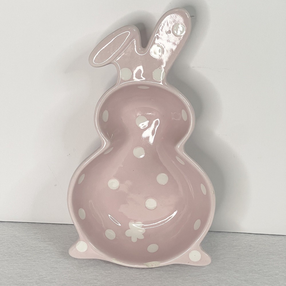 Pink Polka Dot Bunny Shaped Candy Dish Easter Peter Cottontail 4x7”