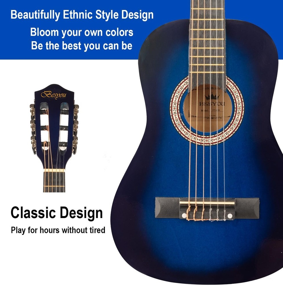 30in Beginner Acoustic Guitar Basic Starter Kit Tuner Bag Capo Strings Winder...