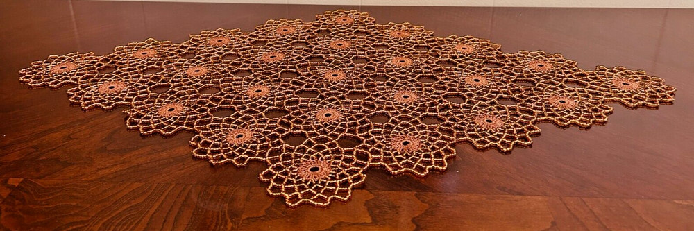 HANDMADE COPPER CROCHET BEADED DOILY 24/15"