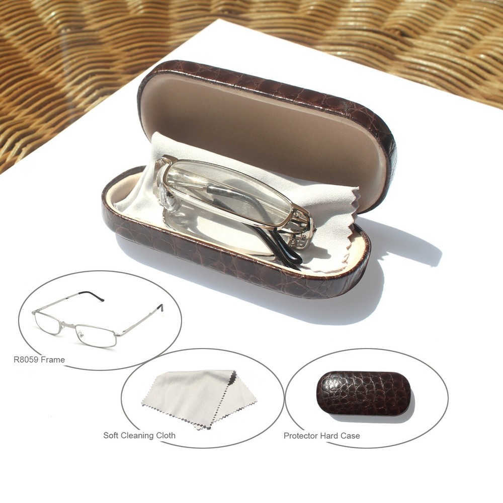 EYEZOOM Compact Rectangular Metal Folding Reading Glasses with Leather Case
