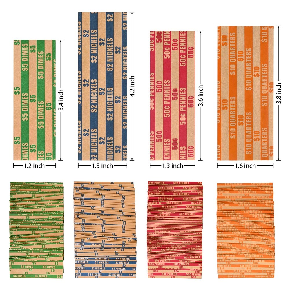 200 Pcs Assorted Packed Flat Stripped Coin Wrappers Coin Rolls Wrapper for Qu...