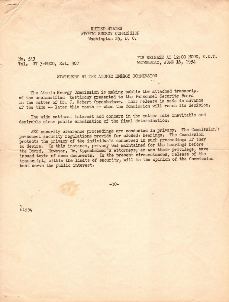 RARE Important 1954 Statement on J Robert Oppenheimer Security Clearance Hearing