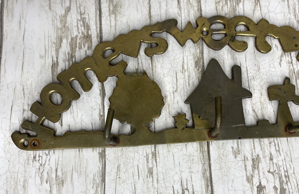 Small Brass House and Tree Key Ring Holder Kitchen Wall Hooks Decor