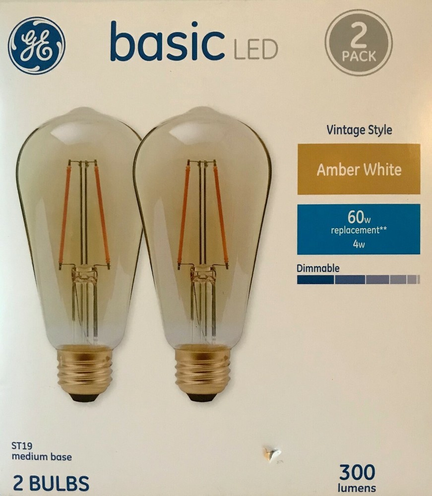 2 GE 60-Watt Amber White ST19 Shape LED Bulbs w/Standard Medium Base - NEW