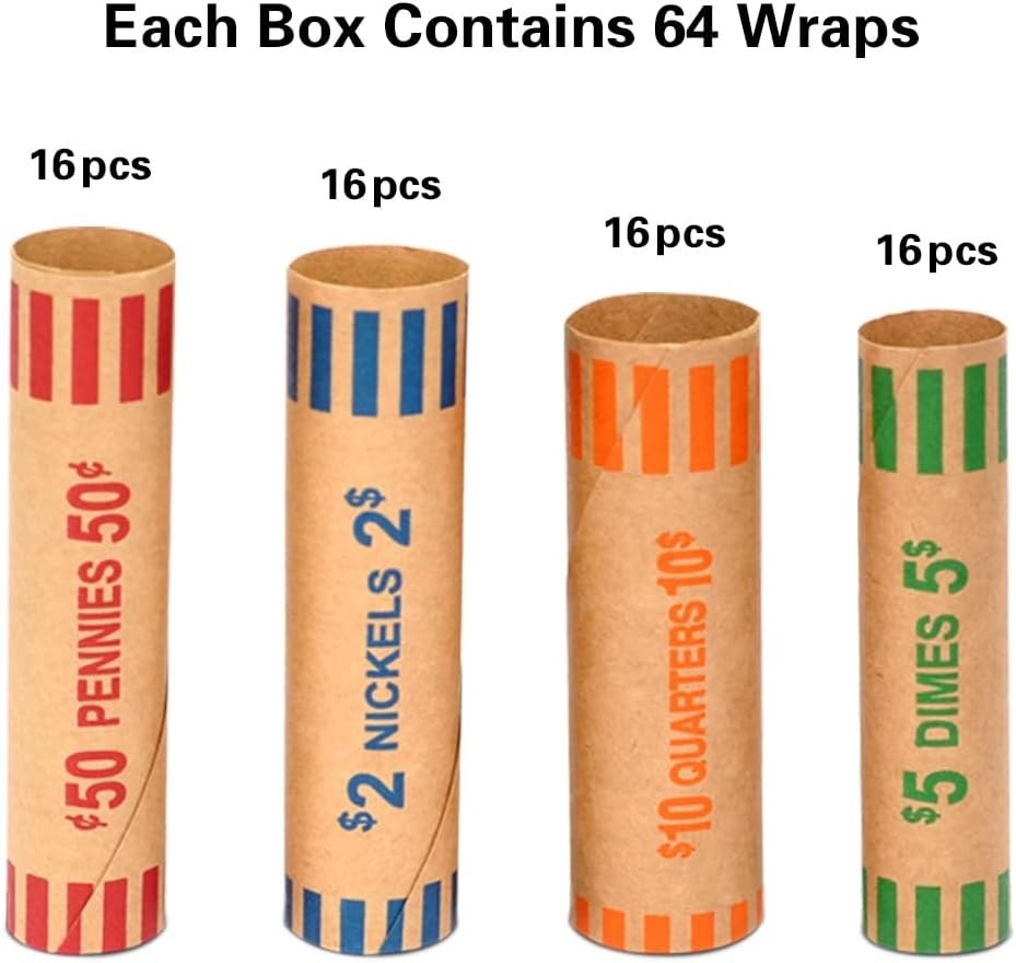 64 Color-Coded Preformed Coin Wrappers - Protect Your Quarters, Dimes & More
