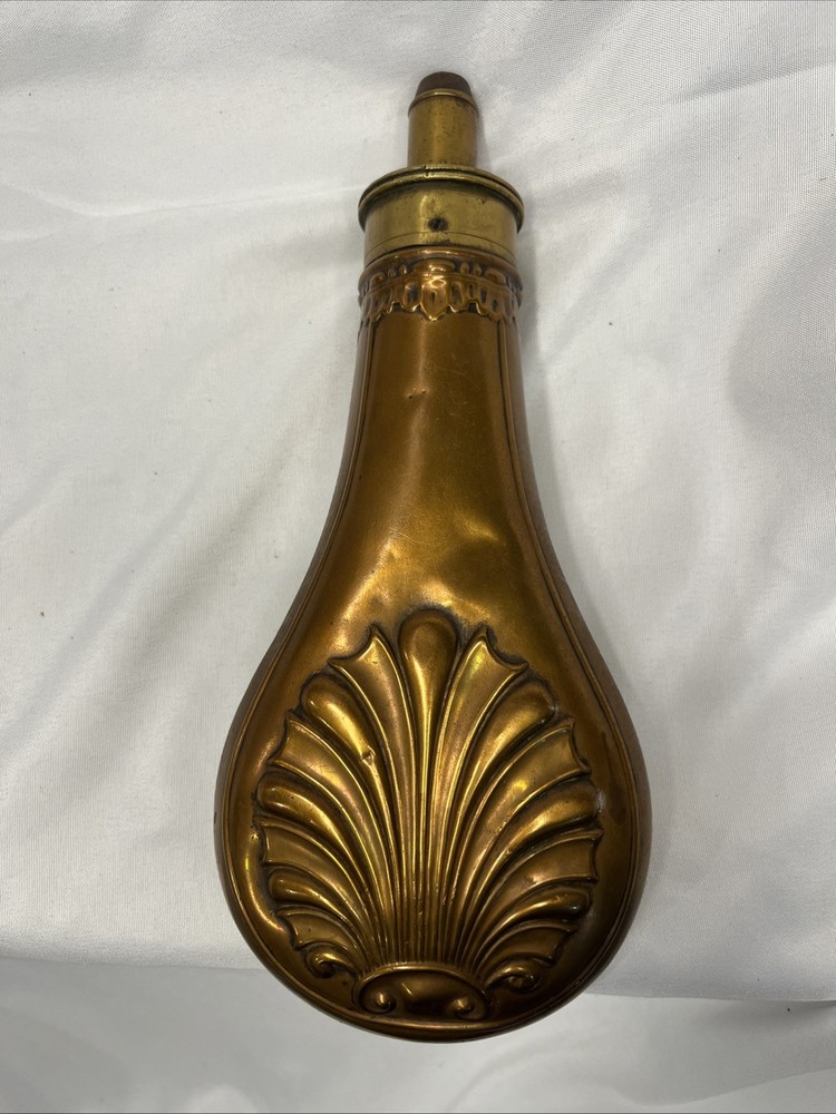 Antique Copper & Brass Gun Powder Flask Shell Design 8”