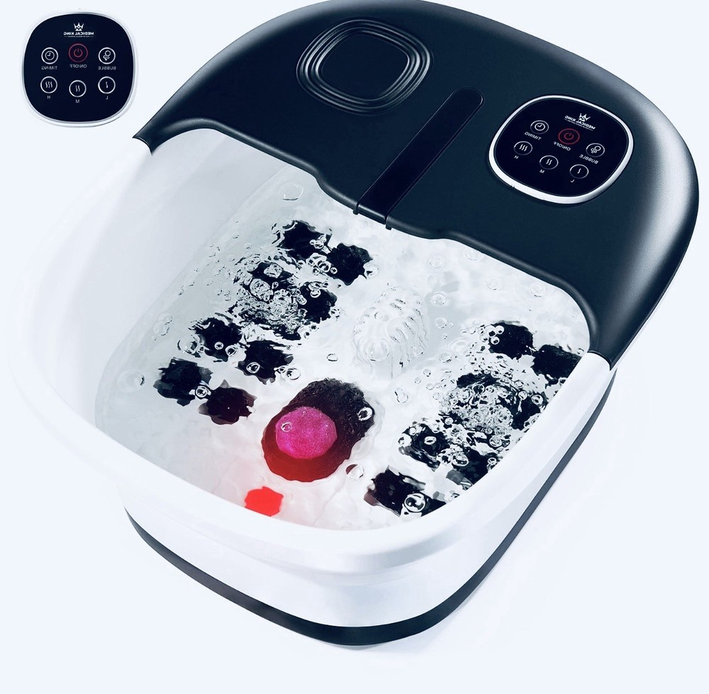 Foldable Heated Foot Bath with Massage Rollers, Bubble Jets, Remote, Black/White