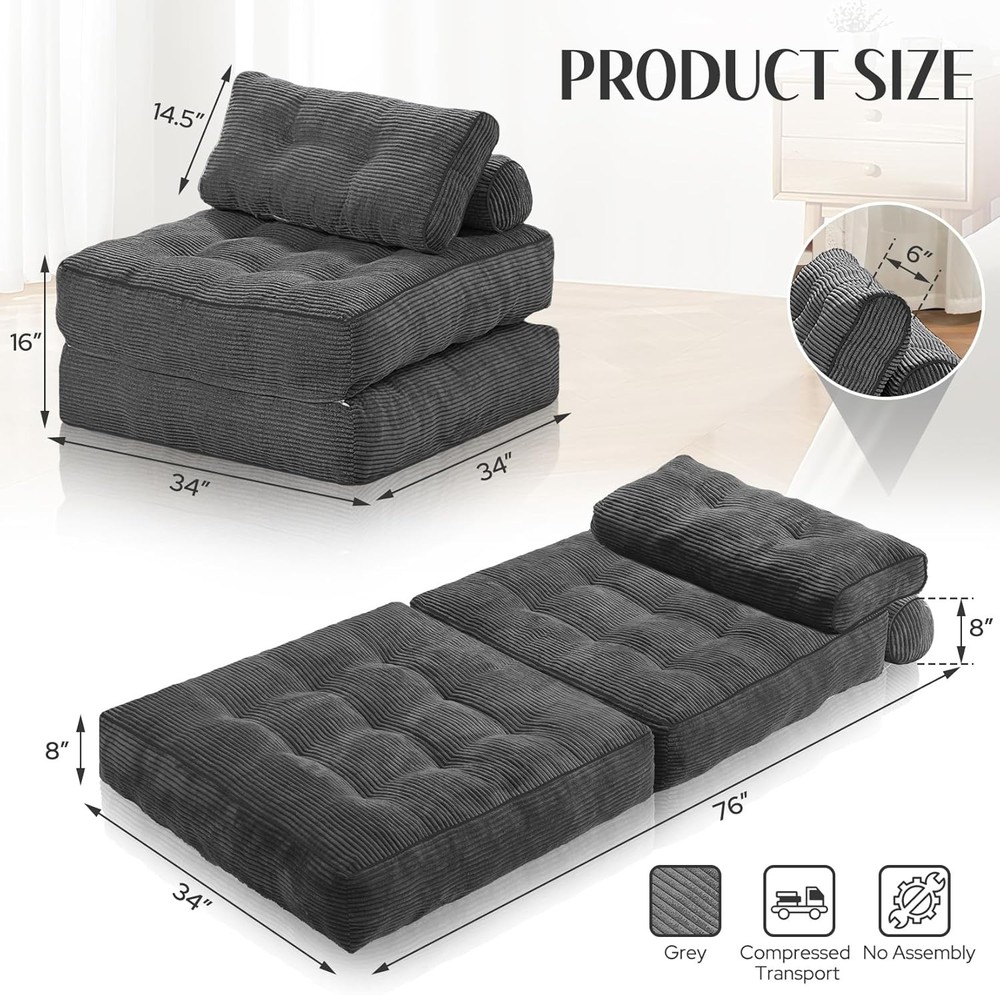 Folding Sofa Bed Convertible Sleeper Chair Bed w/Dual-Pillow & Handle Foldable