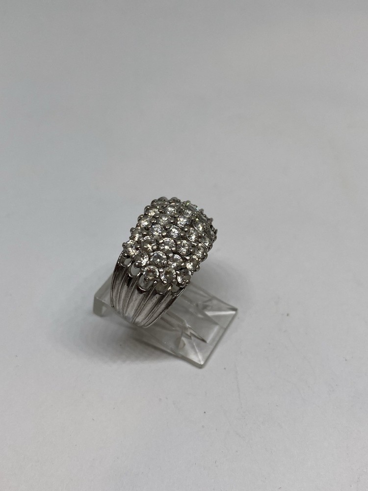 SIZE 8 STERLING SILVER PAVE CUT CRYSTAL OPEN WORK DESIGN RING STAMPED FINE