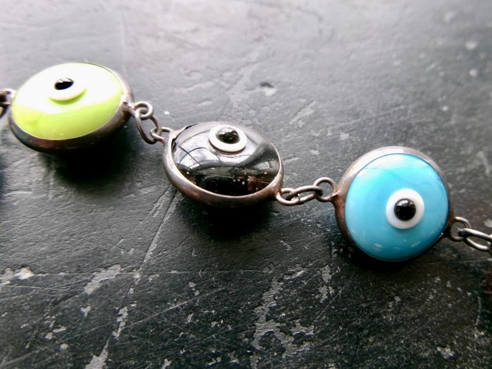 Sterling Silver Protective "Evil Eye" Bracelet Multicolor Glass Links 7-1/2"L