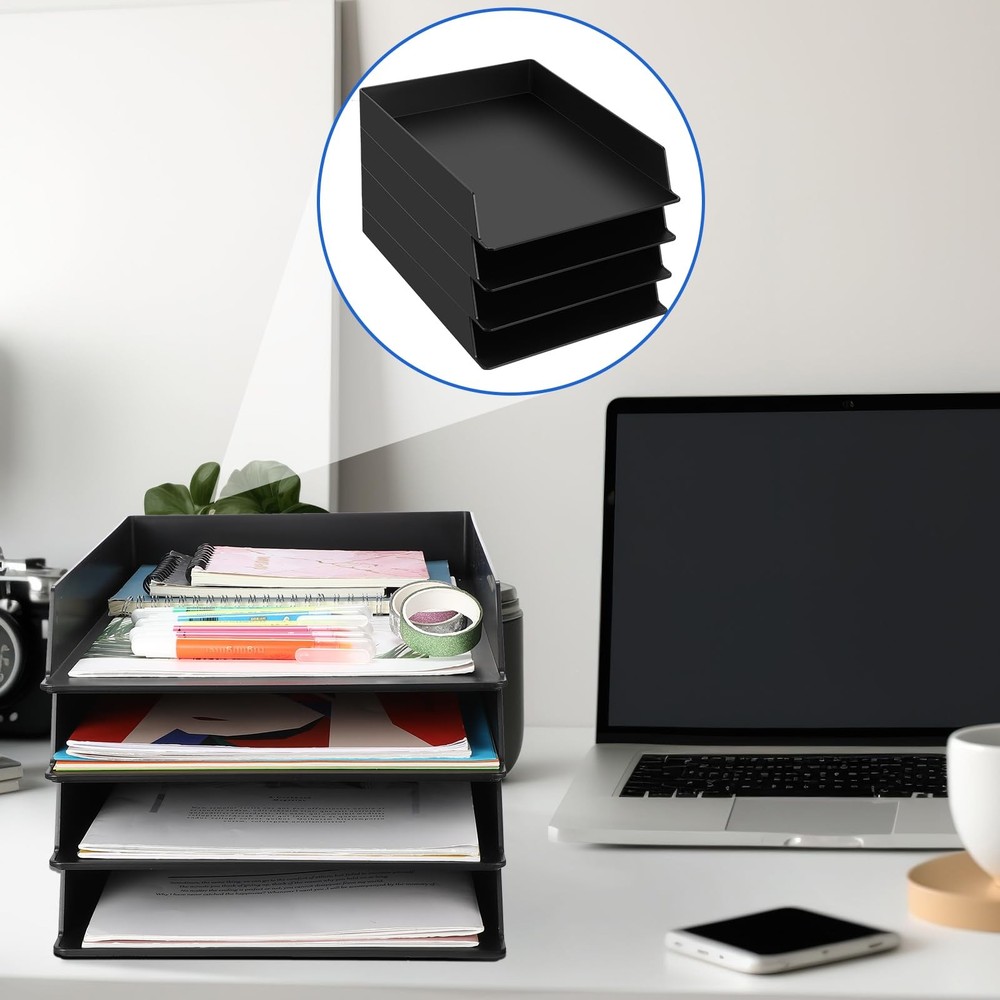 6 PCS Stackable Paper Trays Rectangular Plastic Desk Holder File Storage Black