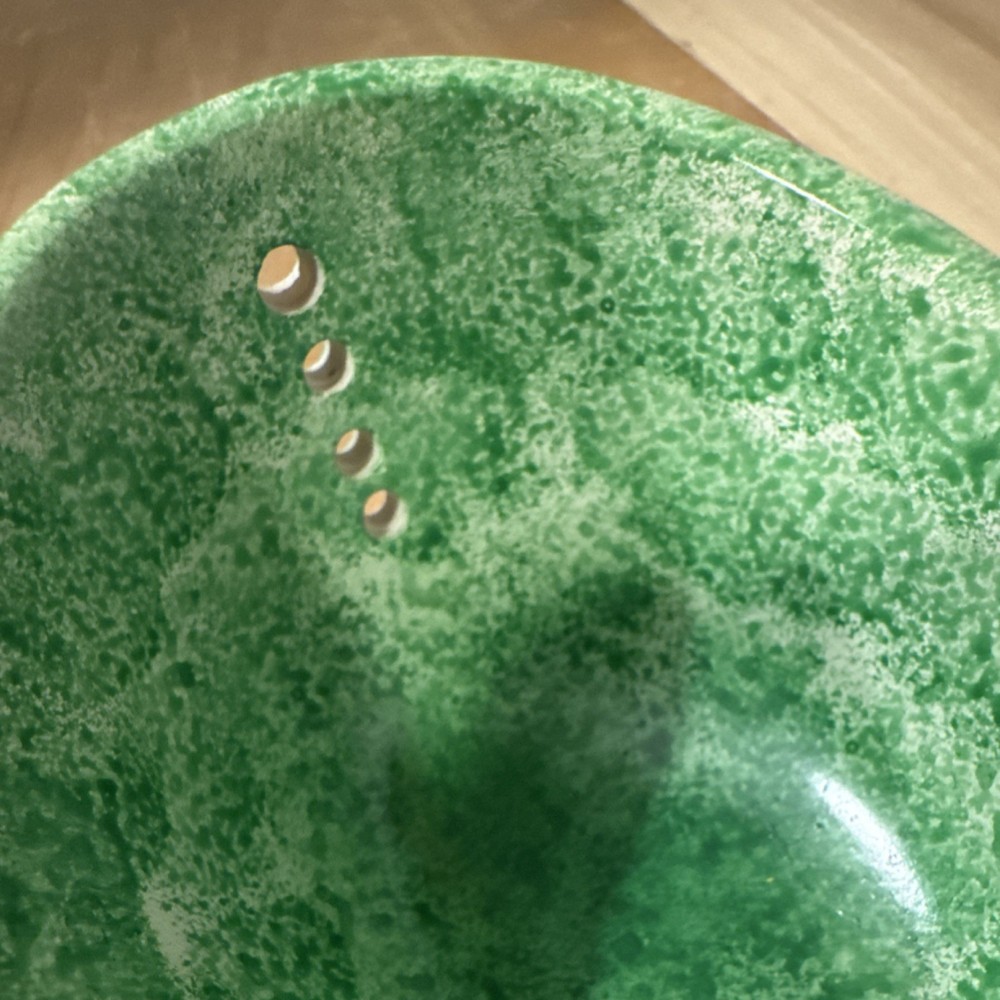 Small Green Speckled Oval Colander, Herb Stripper